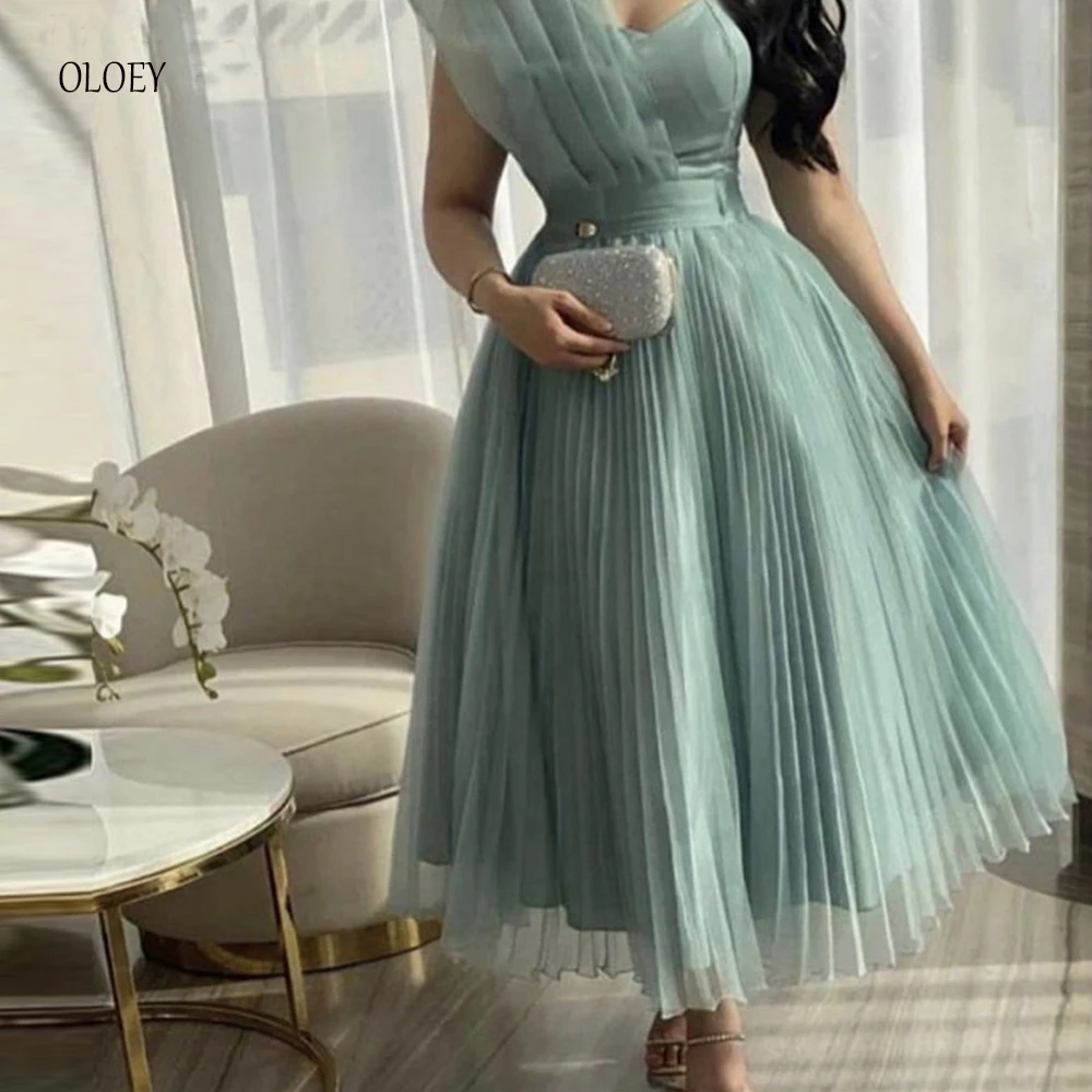 

OLOEY EleganT Dusty Draped Organza Prom Dresses A Line Sweetheart Ankle Length Evening Gowns Saudi Arabic Formal Party Dress