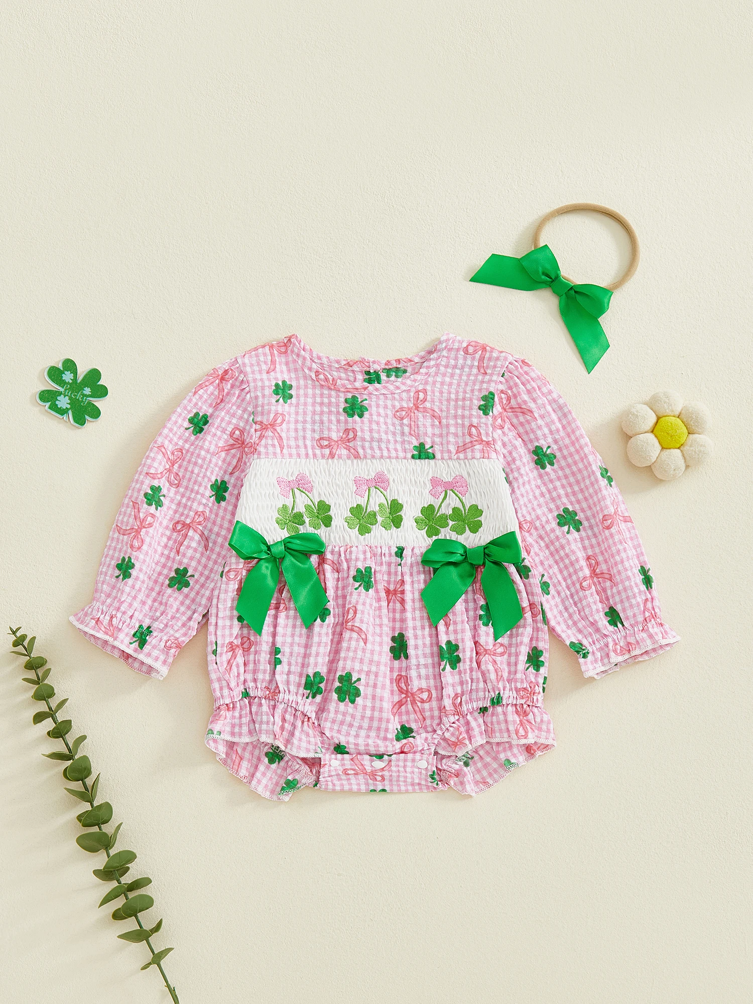 

2Pcs Baby Girl Easter Outfit Ruffle Sleeve Crew Neck Bunny Print Romper with Matching Headband Set for Spring