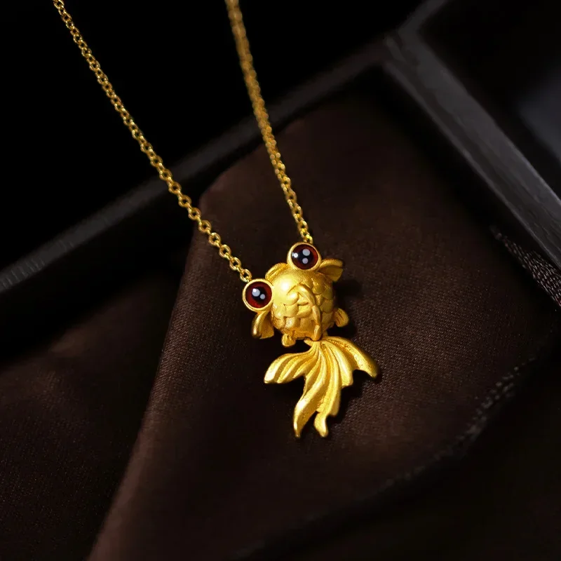 9999 Real Gold 24K Pure copper and gold koi pendant, long tail, big eyes, cute goldfish necklace, lucky koi pendant.