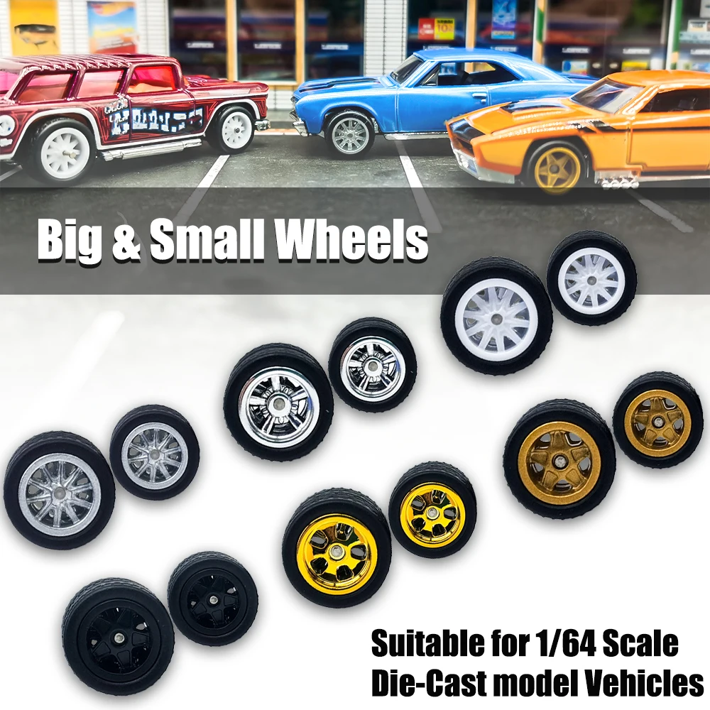 

1/64 Model Car Wheels with Rubber Tyres Front Small Rear Big 1Set For Hotwheels Modified Parts Vehicle Toy Cars Tomica MiniGT