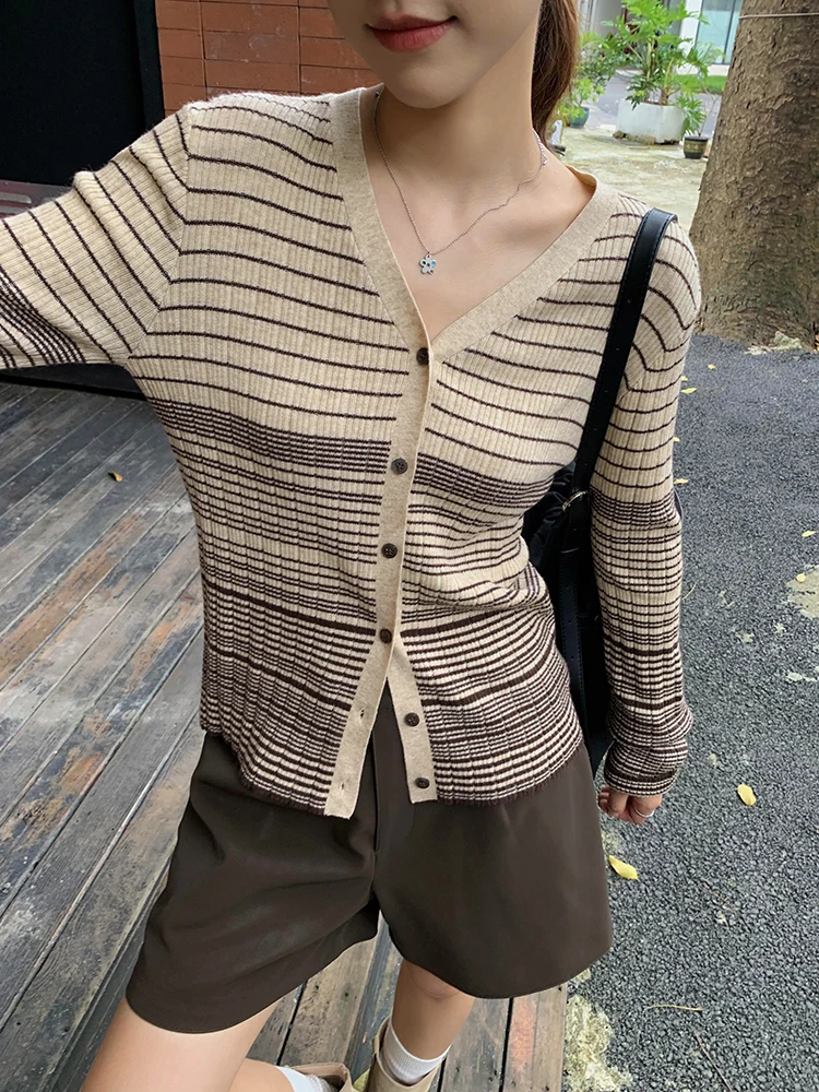 

Boran V-Ne Long Sve вязаный свитер в полоску открытый кардиган женский стандартный крой из полиэфирного волокна корейский Sle поездка на работу ветер