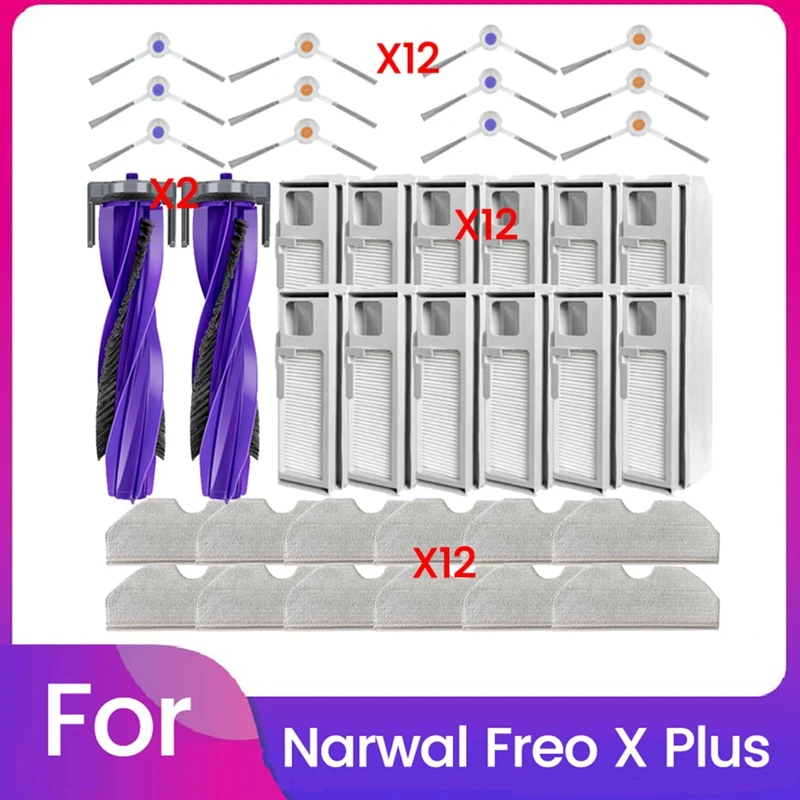 

A44F-38PCS For Narwal Freo X Plus Robot Vacuum Parts Main Roller Side Brush Filter Dust Bag Mop Cloth Accessories