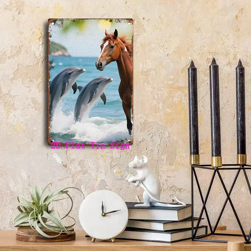 

Vintage Metal Wall Art - Brown Horses & Dolphins Jumping in Ocean, 8x12 inch Durable Iron Decor