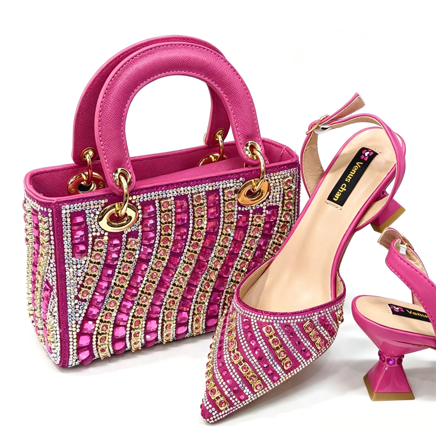 Luxury Red Crystal Rhinestone Shoes And Bag Set Women Pointed Slingback Mid Heels Matching Handbag For Wedding Party