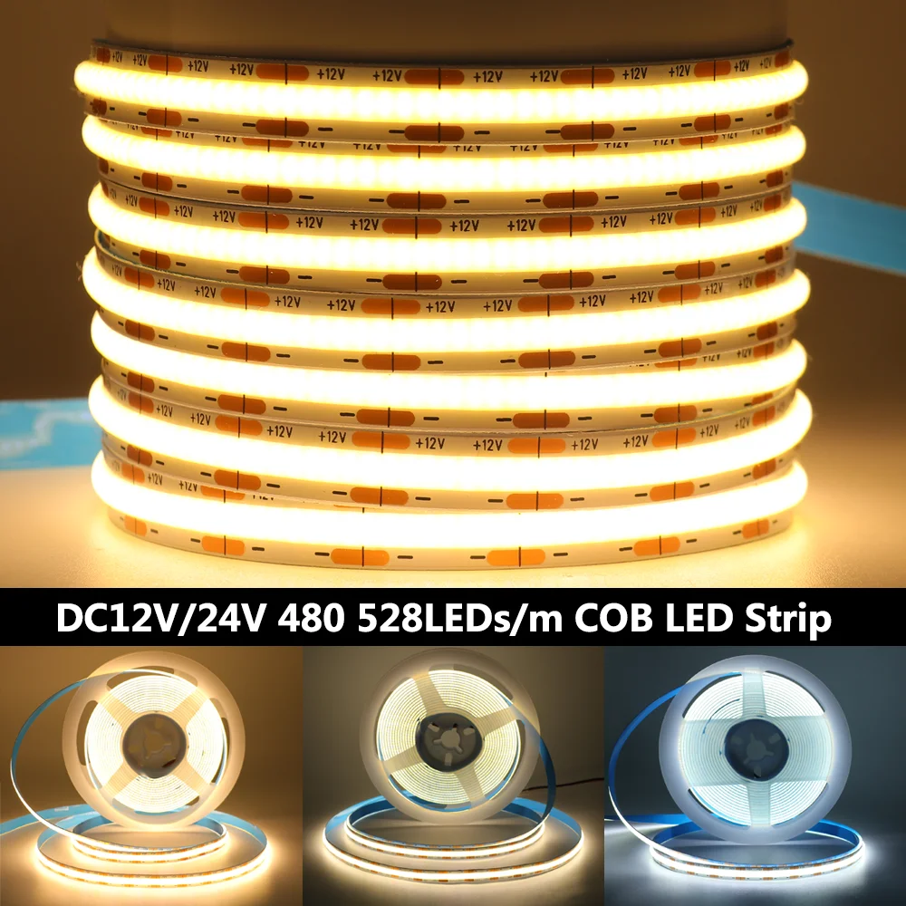 12V 24V COB LED Strip Light 8mm Width 480 528LEDs/m Flexible High Bright Linear Lighting RA90 3000K 4000K 6000K FOB LED Tape