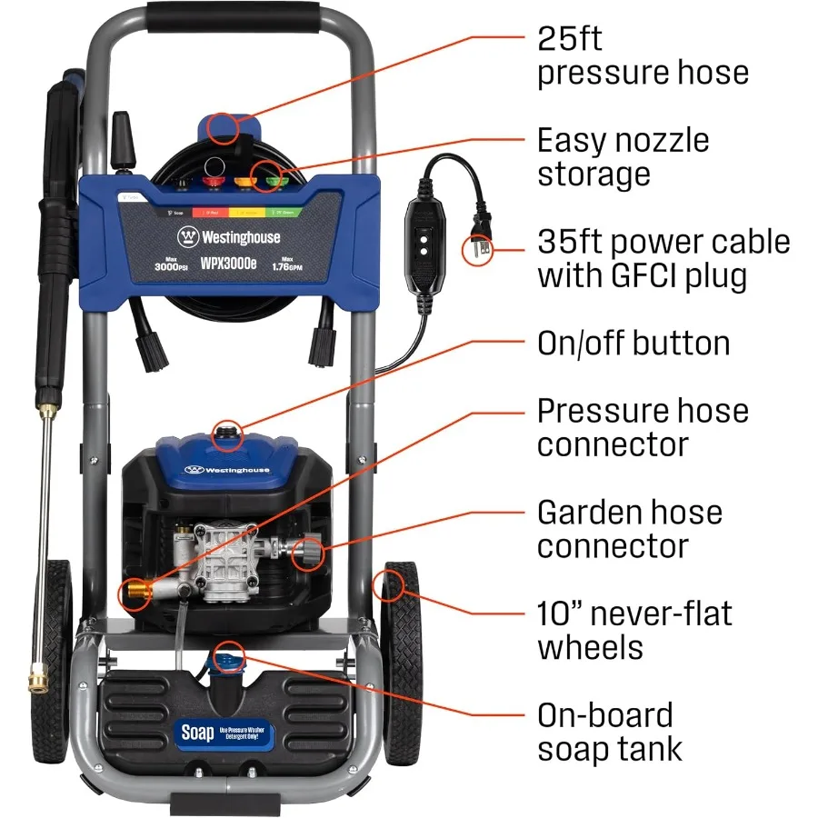HighPerformance Electric Pressure Washer with 3000 Max PSI and 1.76 Max GPM Induction Motor Technology Builtin Soap Tank Spray