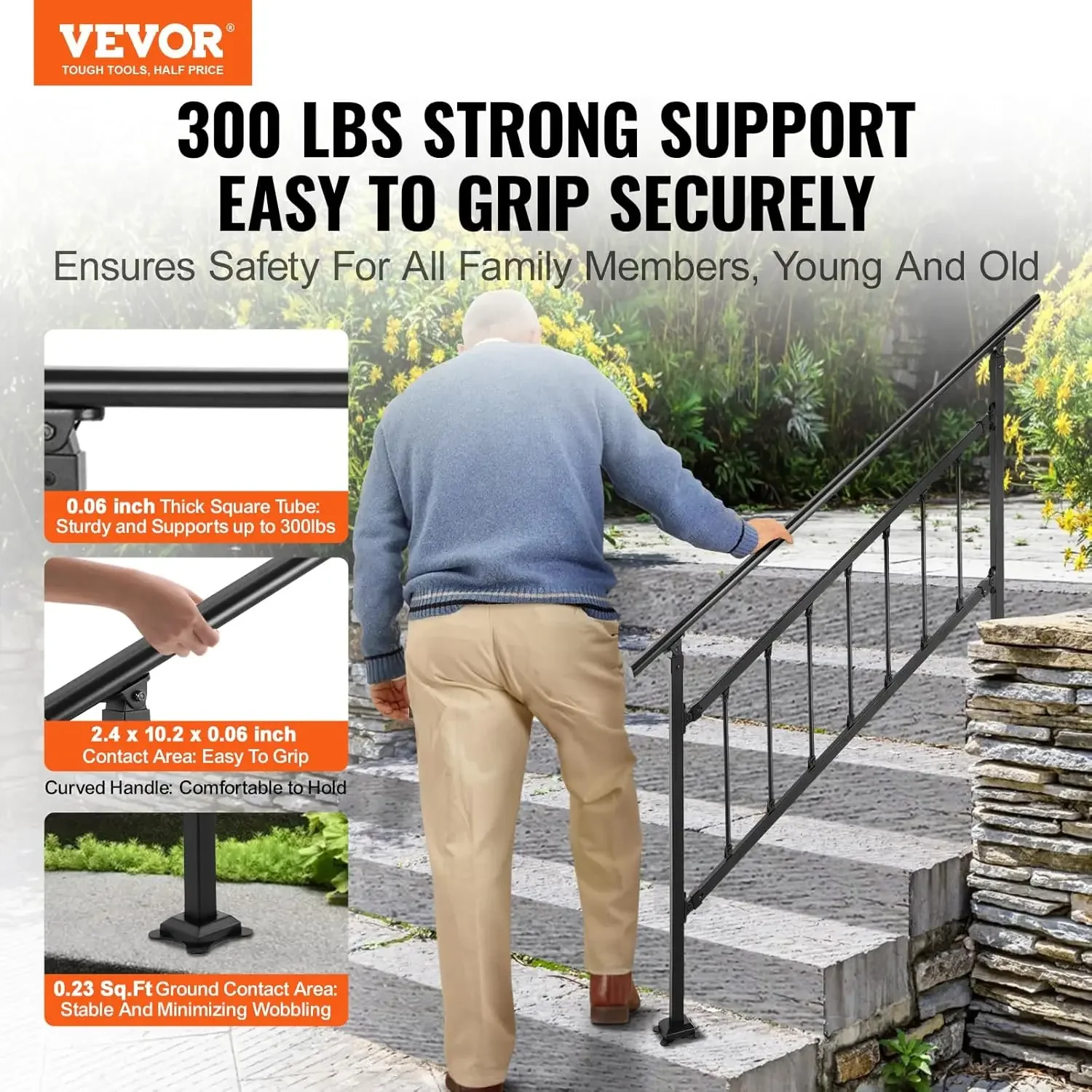 Outdoor Stair Railing, Fits for 1-5 Steps Transitional Wrought Iron Handrail, Adjustable Exterior Stair Railing with Fence