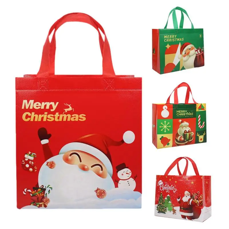 Christmas Tote Bags 5 Pcs Non Woven Tote Bags With Handles Sturdy Reusable Christmas Goody Bags And Treat Bags For Travel Gifts