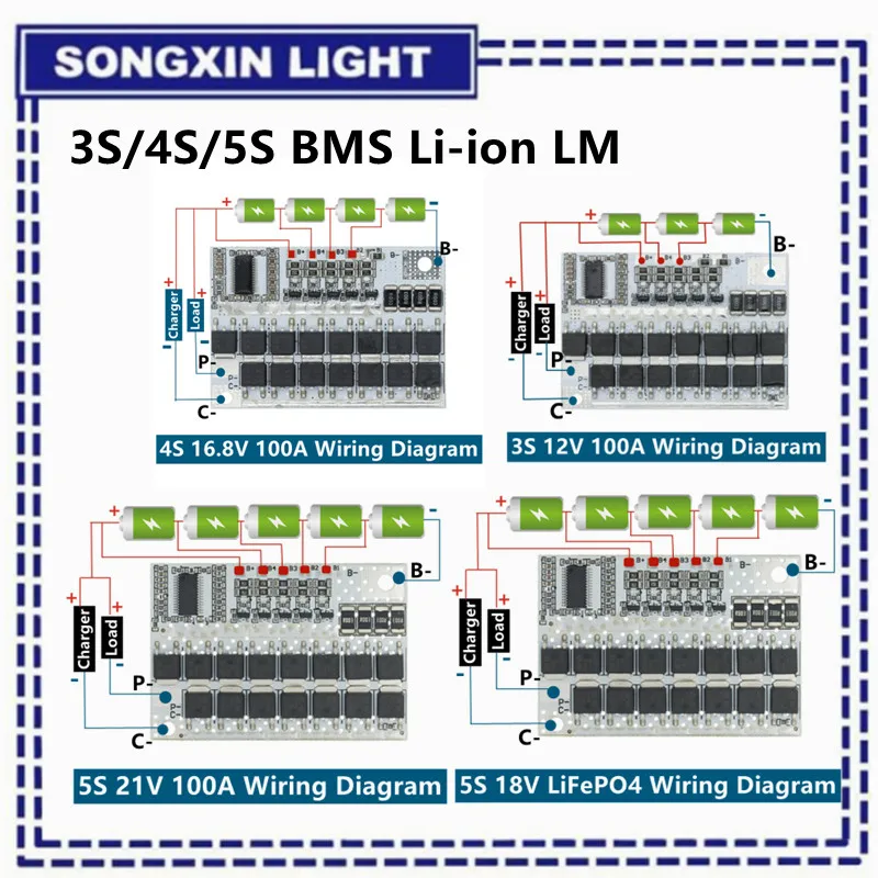 リチウム電池保護回路基板,リチウムイオンバランス充電モジュール,12v,16.8v,21v,100a,3s, 4s, 5s,bms