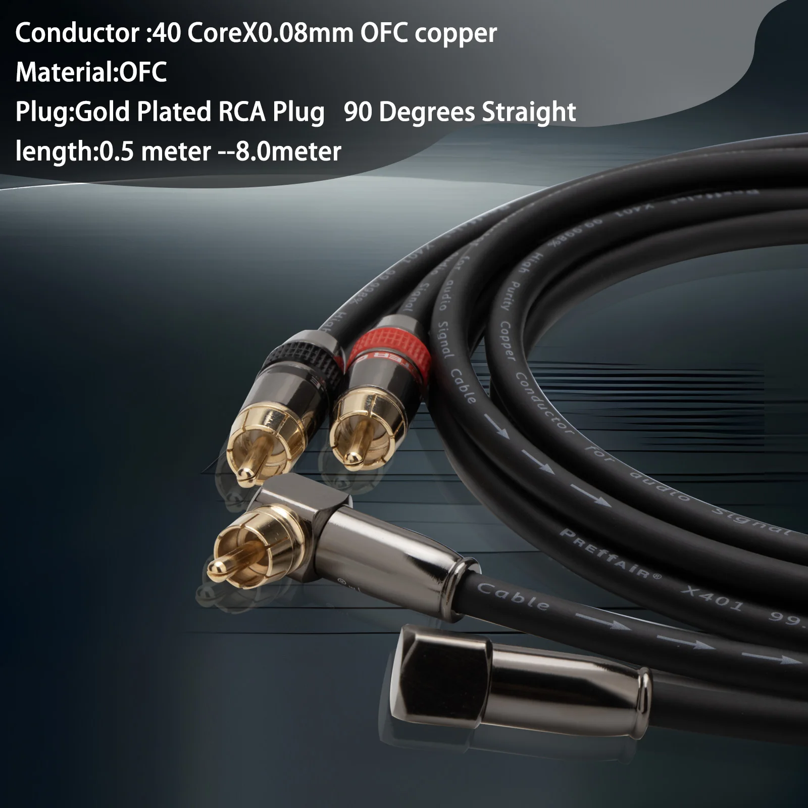 Premium HIFI Audio X401 99.998% OFC RCA Audio Cables with Straight to 90 Degree Bend Gold Plated RCA Male Plugs for DAC Amplifie