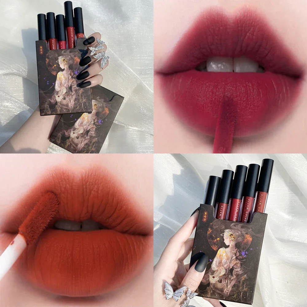 5 stks/set Lip Glazuur Lippenstift Matte Fluwelen Lipsticks Party Lippenstift Anti-aanbak Cup Lipgloss Lippen Make-Up Waterdichte Cosmetica