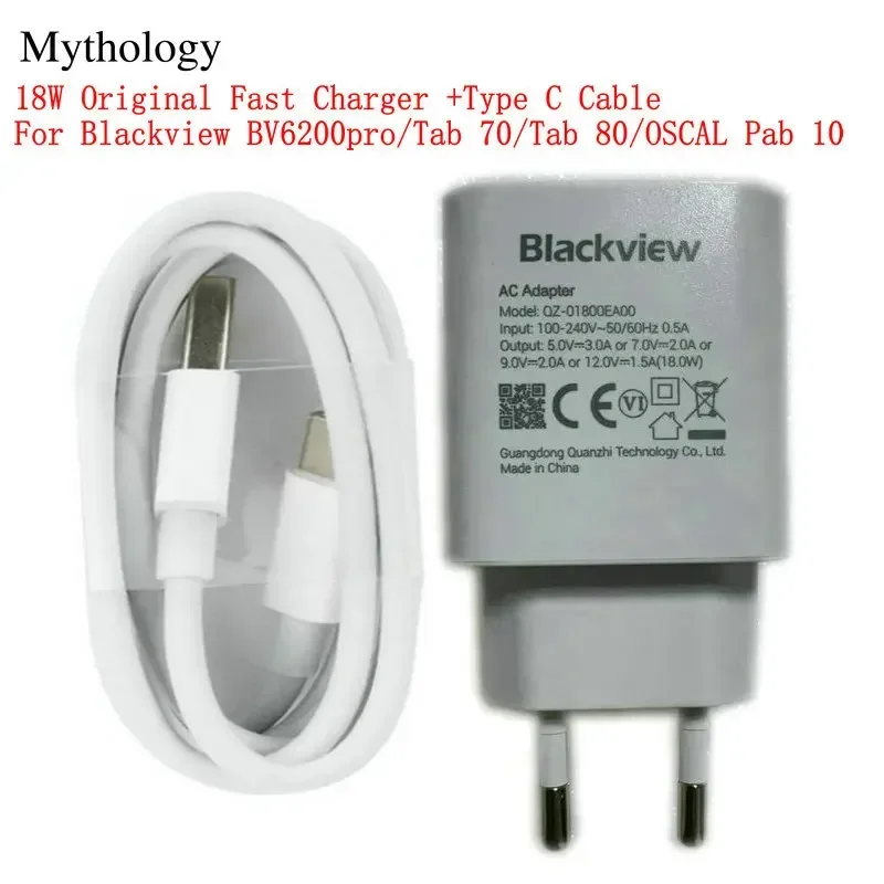 For Blackview BV6200 Pro Tab 70 Tab 80 OSCAL Pab 10 Original Quick Charge 18W EU Plug Travel Charger Type C Cable