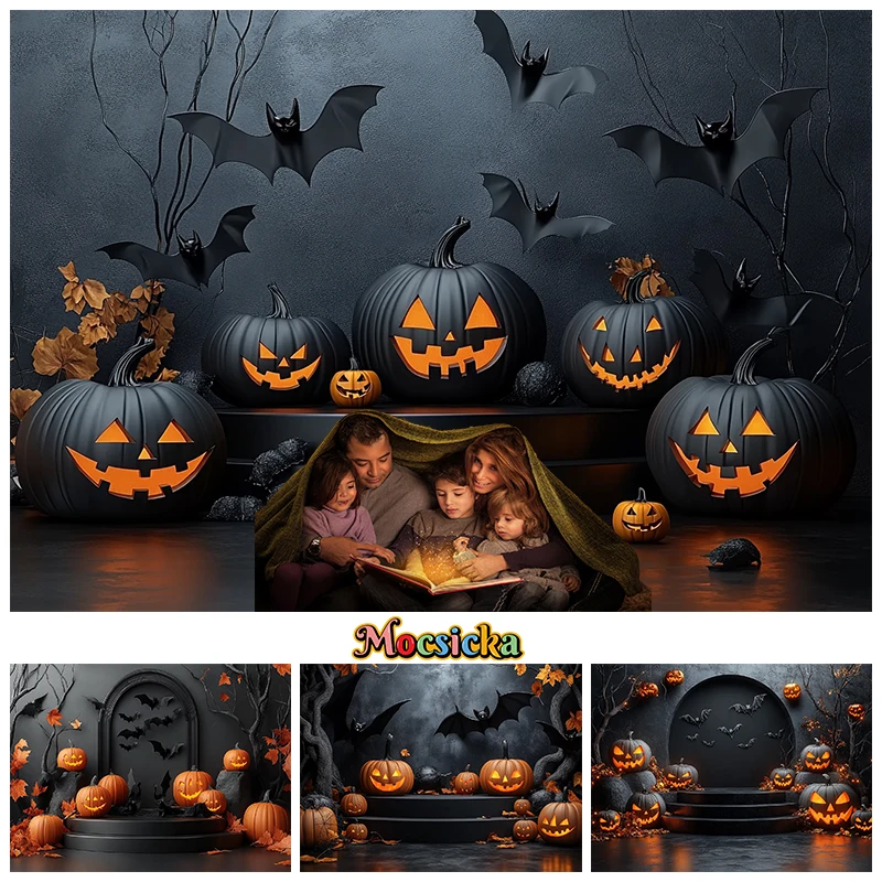 

Halloween Pumpkin Backdrop Photography Black Wall Bat Party Baby Shower Autumn Photo Background Shooting Props Decoration Studio