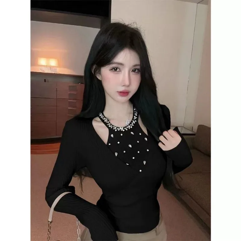 Fake Two Halter Tops Heavy Diamond Knitted Sweater Pull Femme Sexy Elegant Jumper Bottom Shirts Pullover Black Ropa Mujer