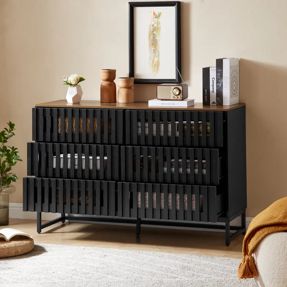 6 Drawer Double Dresser with Slatted Grille Striped Drawer, Modern Style Dresser, High-Quality MDF and Metal Leg