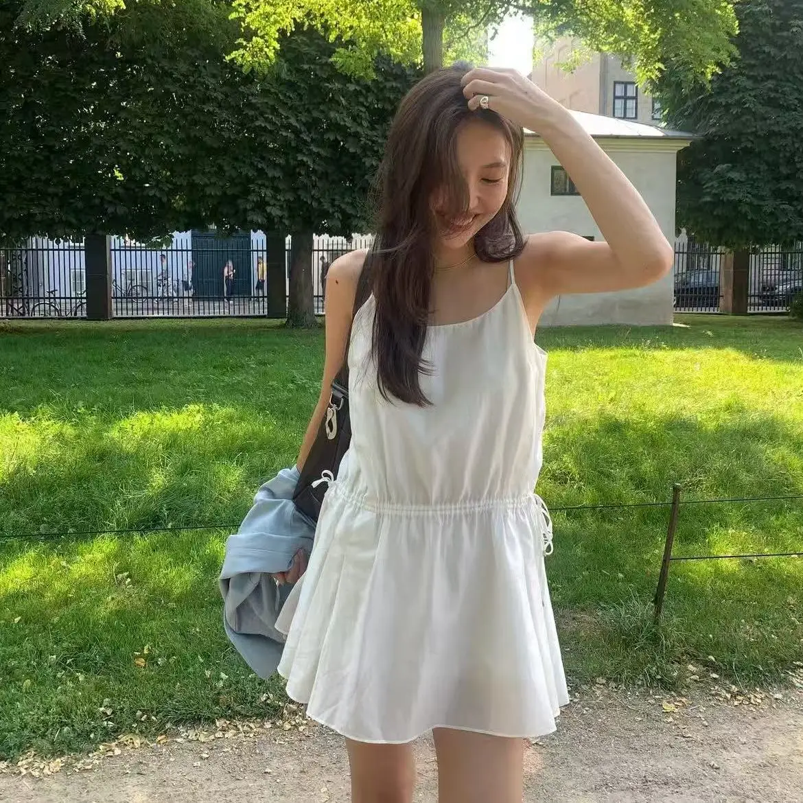 スイートウエストシンチドカジュアルタナット ドレ レディース オルトスカート ドストリングストラップガウン サマーシーズン Aラインシルエット