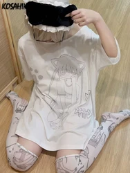 Women Japanese Cartoon Print Kawaii Graphic Oversized Off-the-shoulder Streetwear Grunge T Shirts Y2k Aesthetic Harajuku Tops