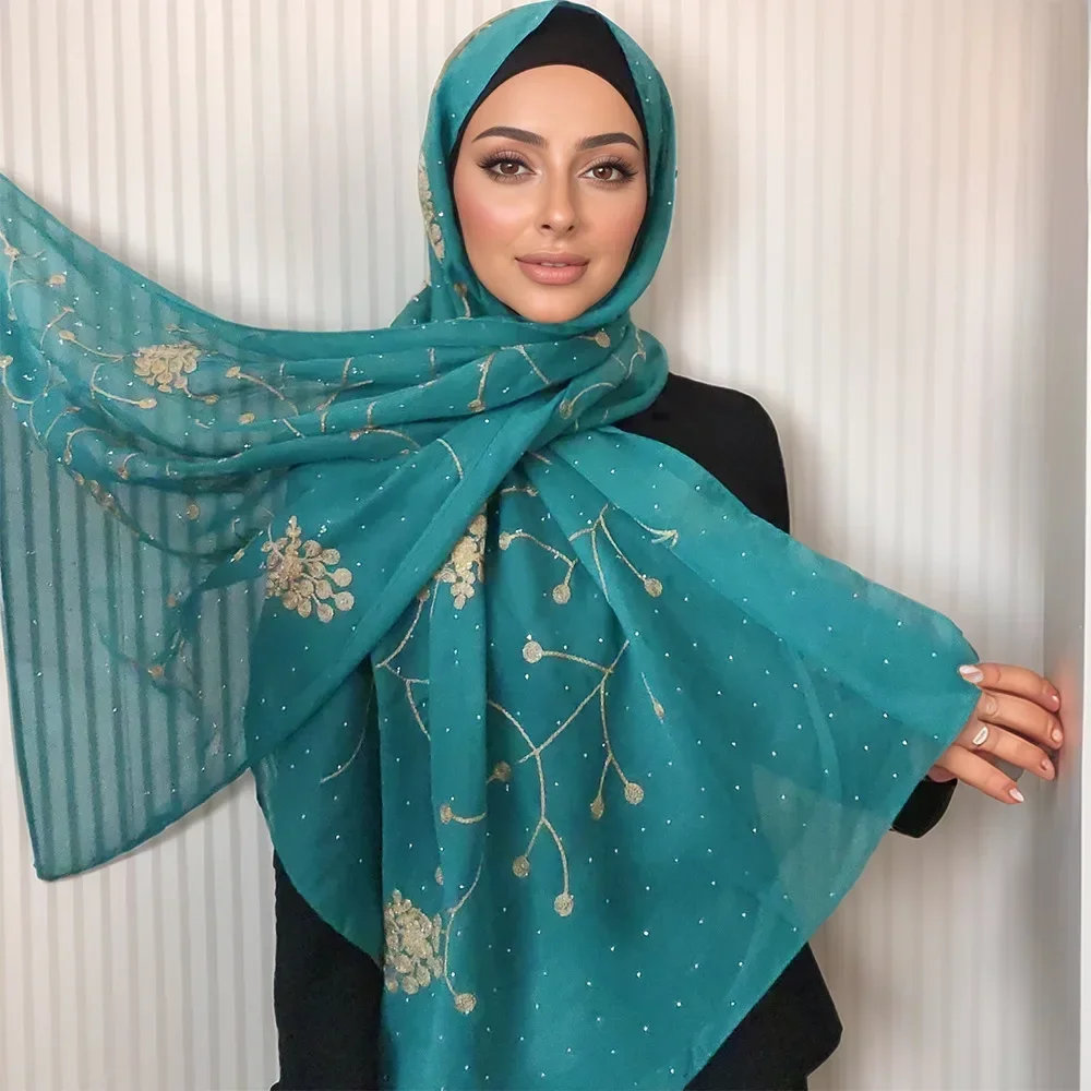 Embroidered Diamond Chiffon Hijab Scarf Women Luxury Soft Plain Shawl for Women Muslim Hijabs for women Turban Femme Ramadan