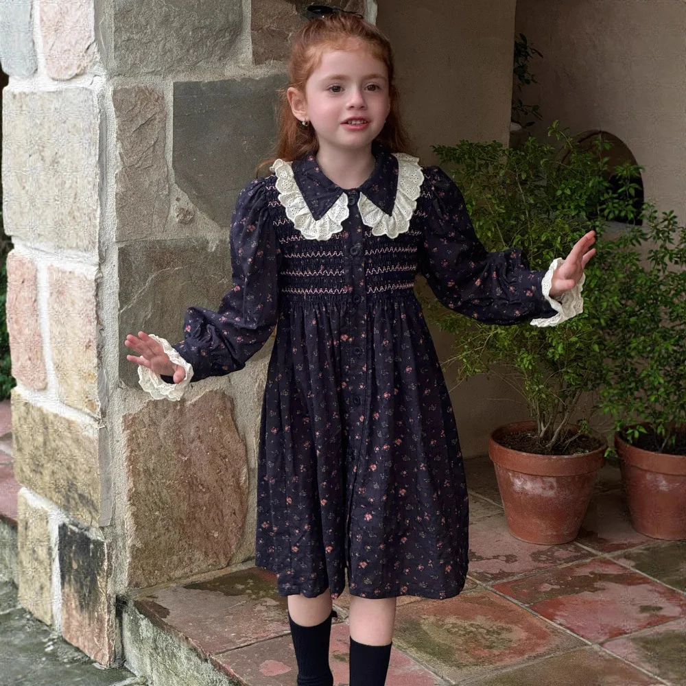 

Girls Skirt 2025 Autumn and Winter New Children's Clothing Girls Baby Retro Floral Pastoral Dress Casual Simple All Match