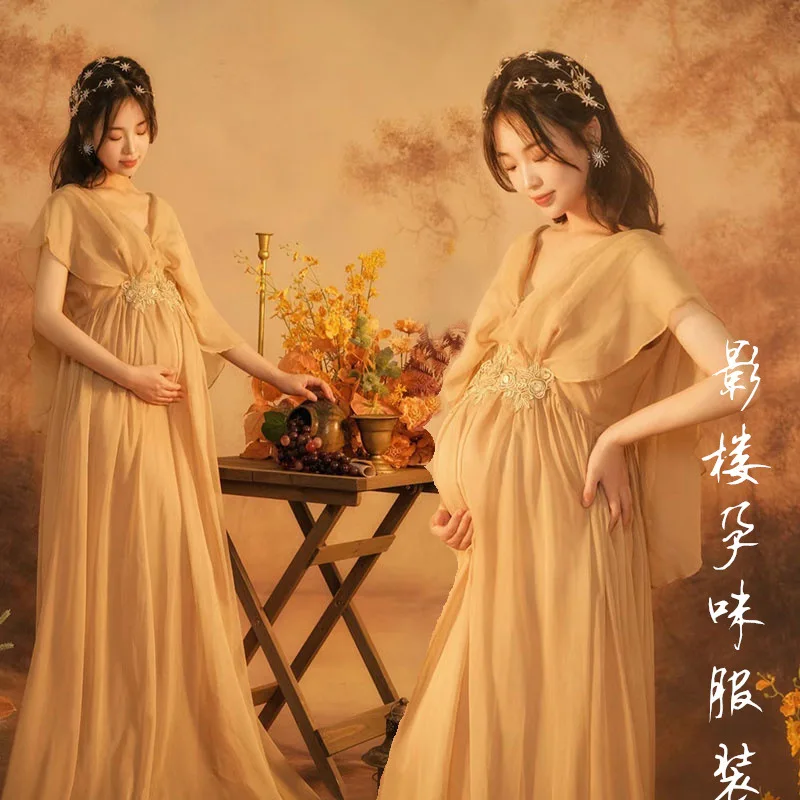 2025 Women Champagne Elegant Skirt Maternity Photography Props V-neck Maternity Dresses For Pregnant Photo Shoot Clothing