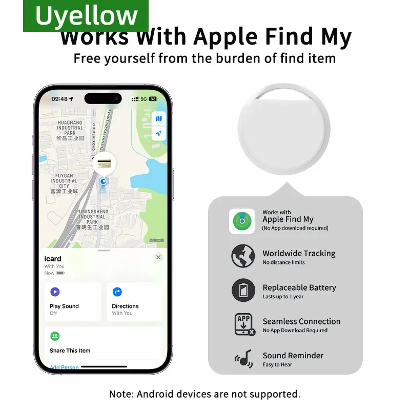 

Uyellow для Apple GPS-трекер Airtag Google Find My Device Смарт-тег Bluetooth-локатор отслеживания мини-тегов глобального позиционирования