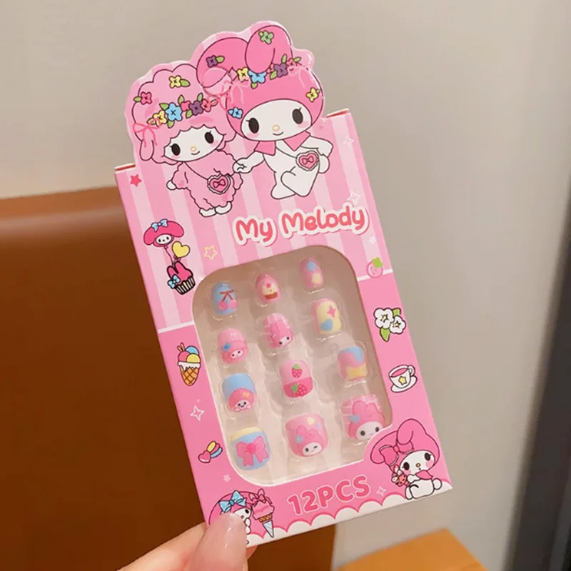 Sanrio Hello Kitty12Pcs Kuromi Melody Pochacco Kids False Nail 11-15Mm Cartoon Short Girl Fake Nail Tips Press On Nail Girl Tips