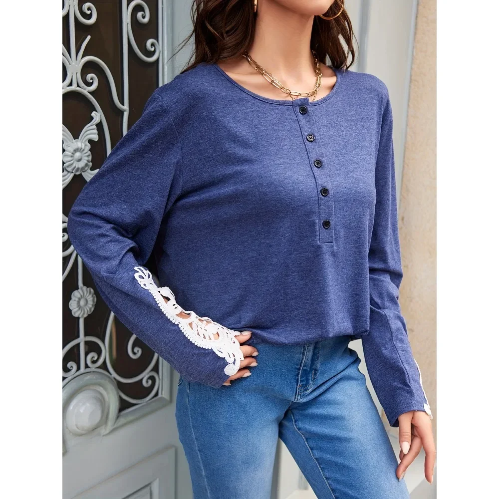 Plus Size Women Round Neck Long Sleeves Panels Lace Sleeves Button-Down Loose T-shirt Ladies Casual Solid Color T-shirt