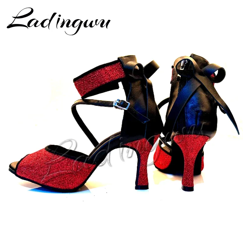 Ladingwu-Red Glitter Latin Dance Shoes, Black Leather Bow, Salsa Dance Shoes, Tango Dance Shoes, Ballroom Sandals