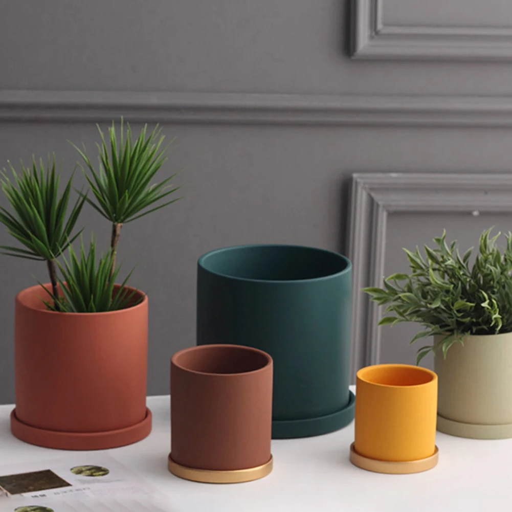 Nordic ceramiczny donica na rośliny z tacą kolorowy Cylinder doniczka na sukulenta mały doniczka dla hodowcy roślin z otwory spustowe pojemnik na