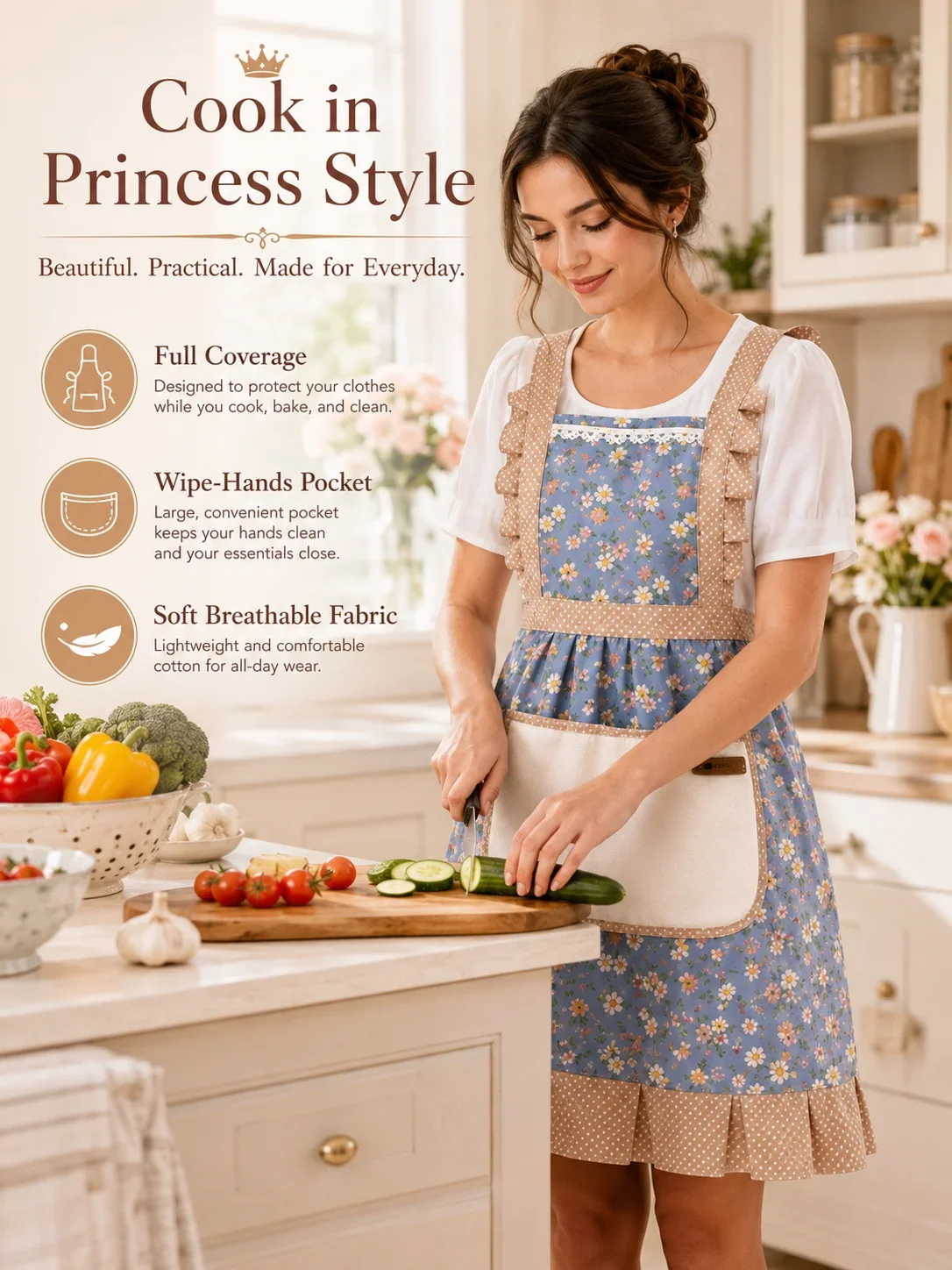Princess Kitchen Apron for Women, Back Buckle Apron with Towel, Oil Proof Bib Apron with Large Pockets for Cooking