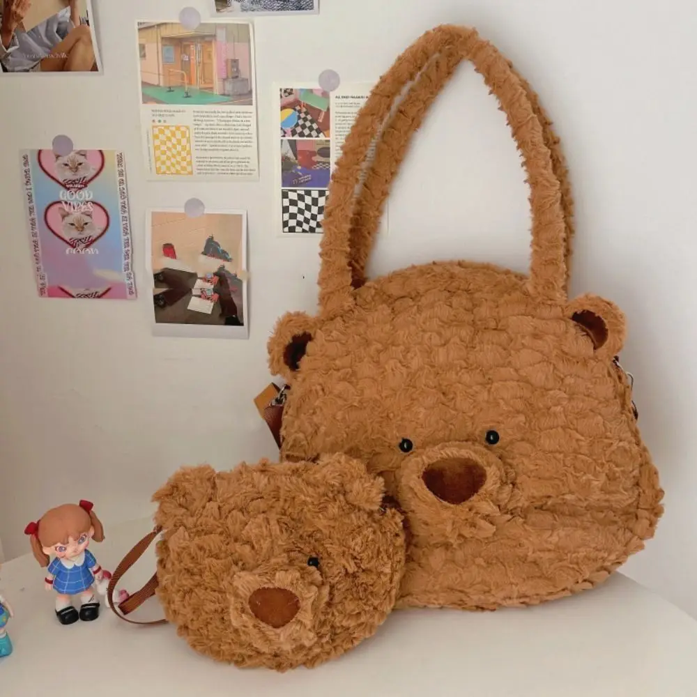 Large Capacity Plush Handbag Cute Bear Shape Student Shoulder Bag Dual-purpose with Adjustable Strap School Backpack Girlfriend