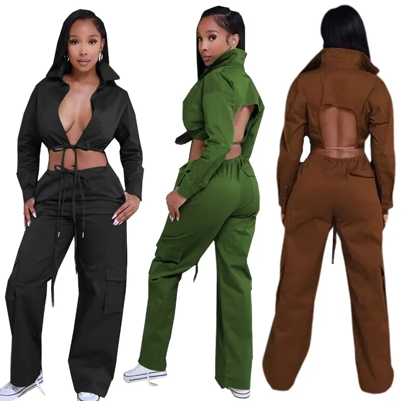 

Solid Cusal Two Piece Set Women Turn Down Collar Full Sleeve Backless Lace Up Shirts Crop Top 3D Pockets Cargo Pants Street Suit