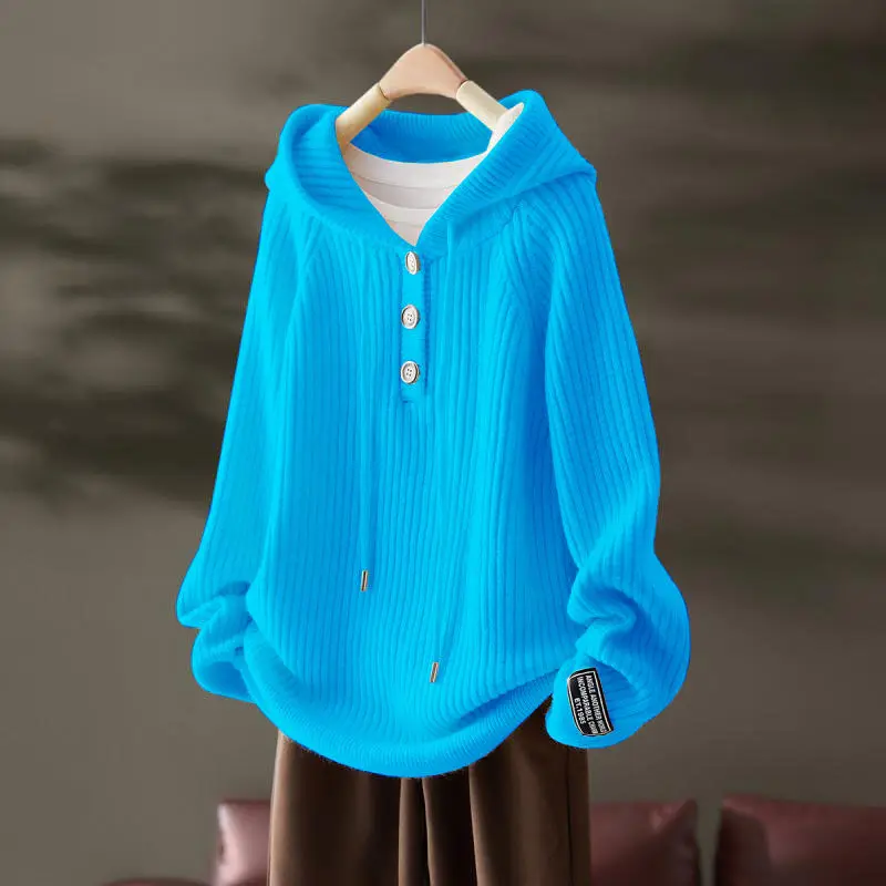 2023 Autumn and Winter Women\'s Hooded Patchwork Button Drawstring Solid Color Loose Fashion Casual Elegant Long Sleeve Sweater