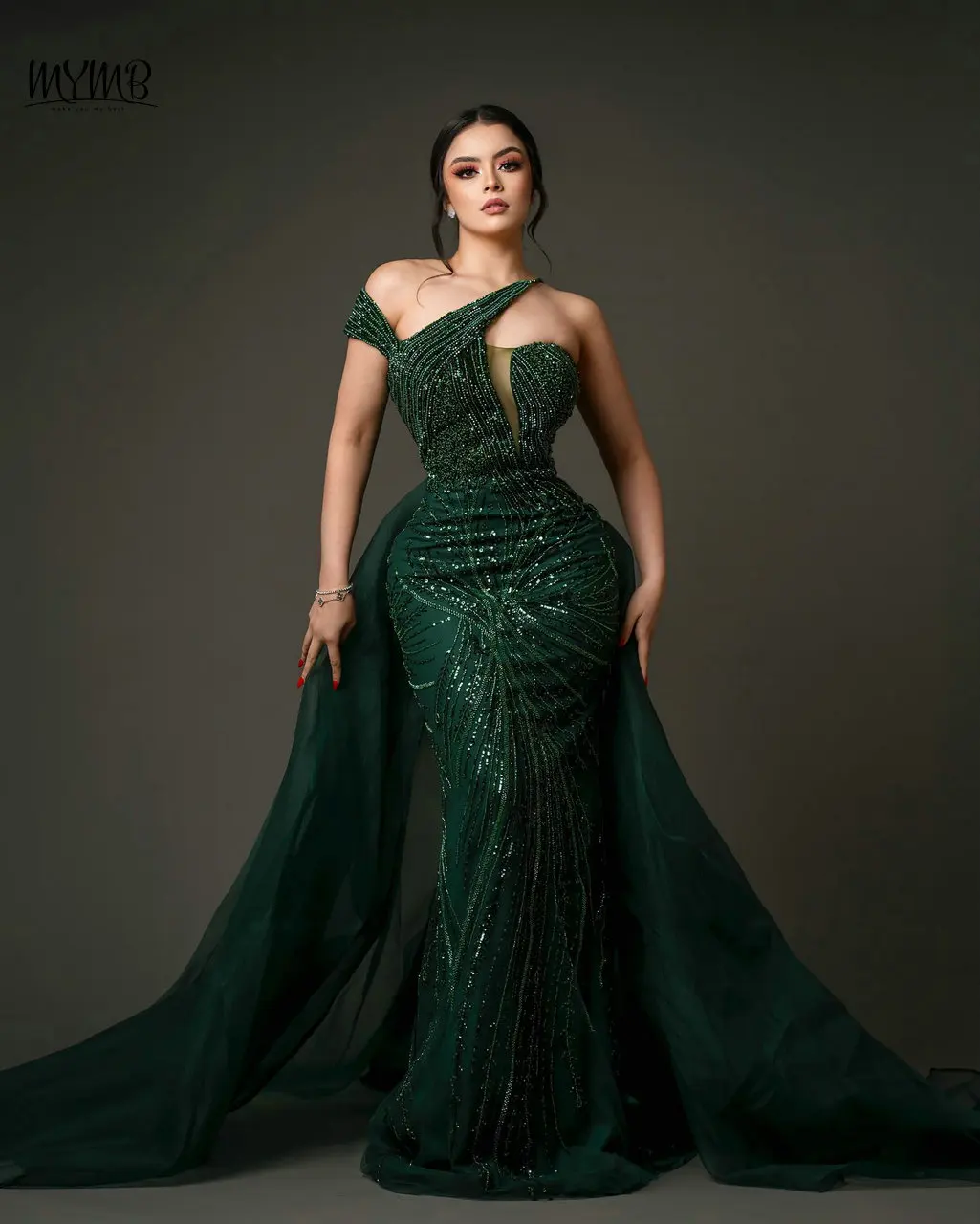 

MYMB Luxury Beaded Mermaid Evening Party Dresses with Overskirt Arabic Exclusive Glitter One Shoulder Green Wedding Guest Gowns