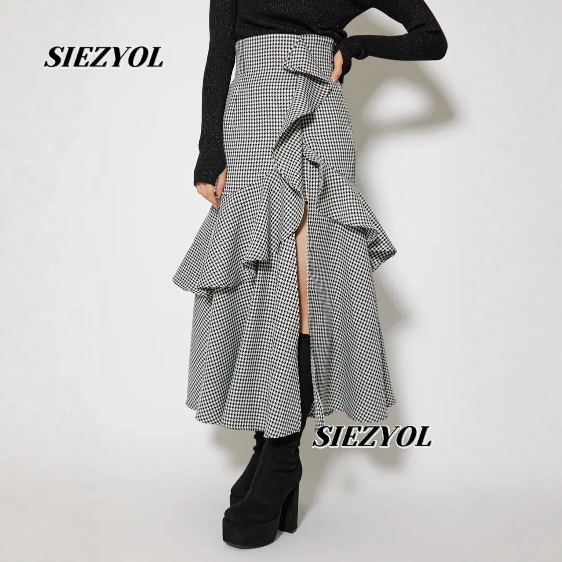 Maxi Skirt for Women Spring & Fall New Sweet Japanese Style Plaid Ruffles Slit Elastic High Waist Elegance Long Skirts Culottes