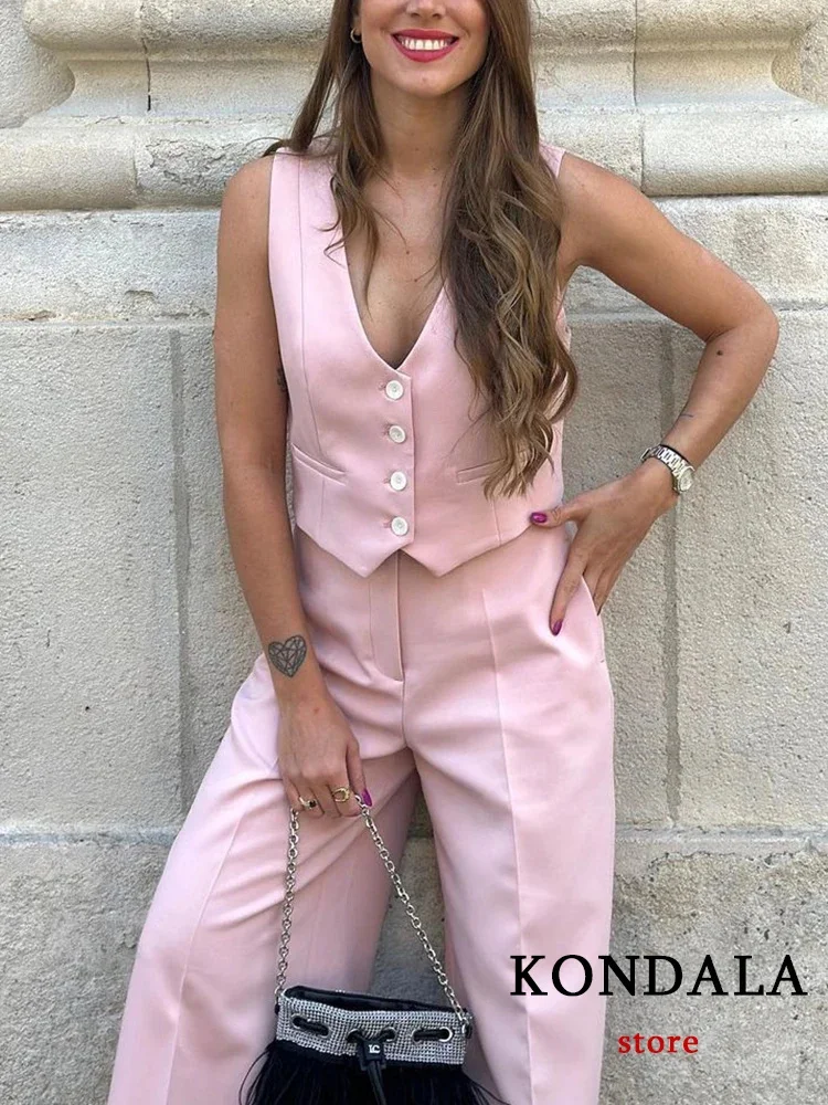 KONDALA Vintage Solid Pink Vest Suit Women V Neck Buttons Sleeveless Blazer+High Waist Wide Leg Pants Fashion 2024 Summer Set