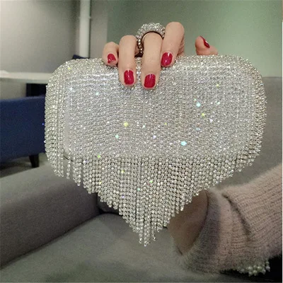 Rhinestone Wedding Purse Women\'s Evening Clutch Bag Luxury Design Women Handbag Silver Small Tassel pouch Chain Shoulder Bag 이브닝