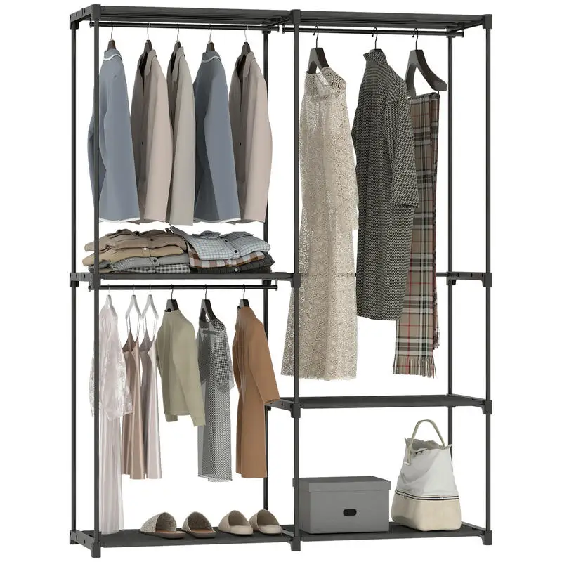 Porte-vêtements portable, structure en métal, étagères en tissu, beaucoup d'espace, noir