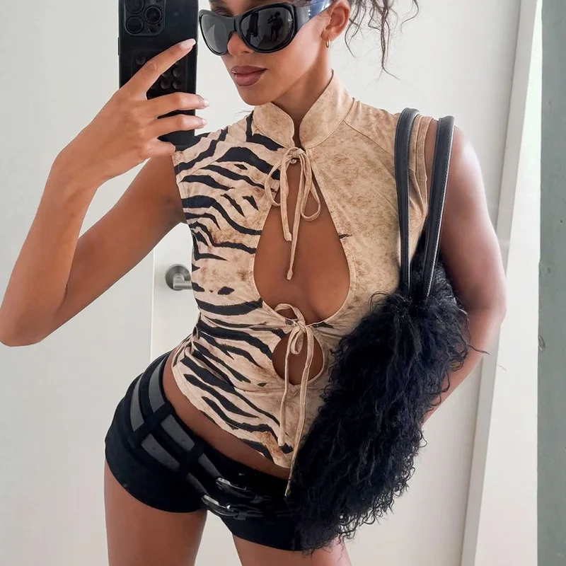 Gtpdpllt Tiger Print Vest Women Standing Collar Bandage Tassel Hollow Hip-Hop Style Sexy Summer Wild Street Fashion Slim Tops