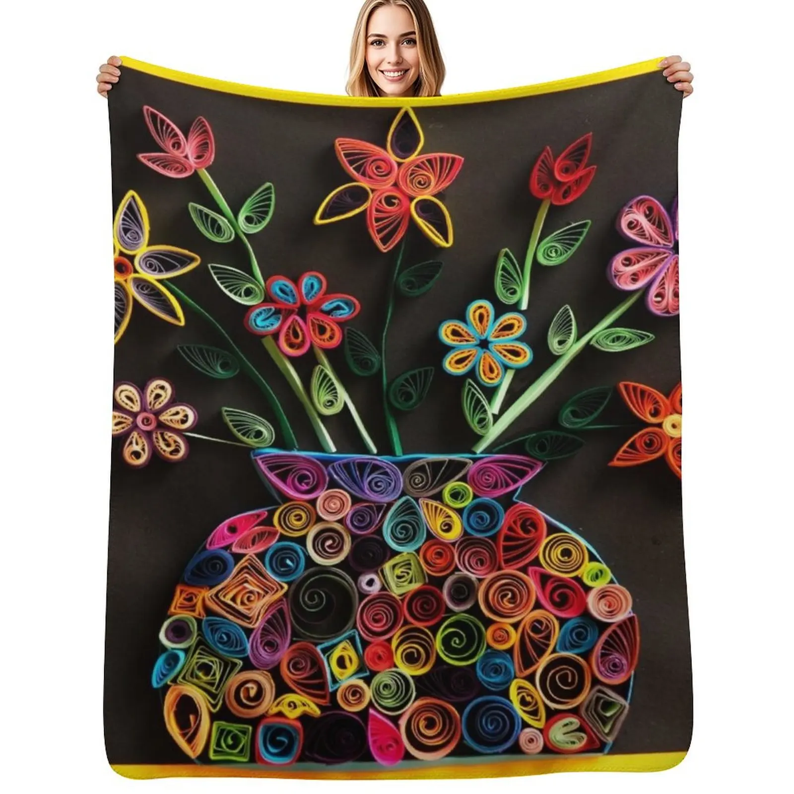 

HHPS Art Show, Class 5K, Quilling Collage: Vase of Tran-quill-ity Throw Blanket Warm Flannel Blanket for Couch Chair Bedroom