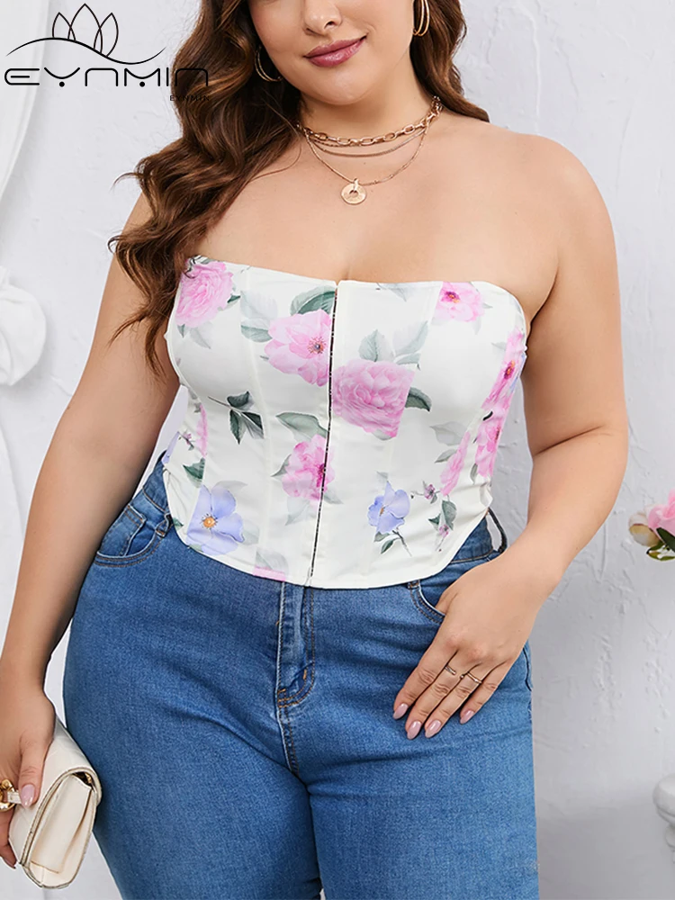 

EYNMIN Plus Size Print Strapless Cropped Tank Tops Women Summer Sexy Backless Bandage Corset Top Club Fashion Boned Vest Female