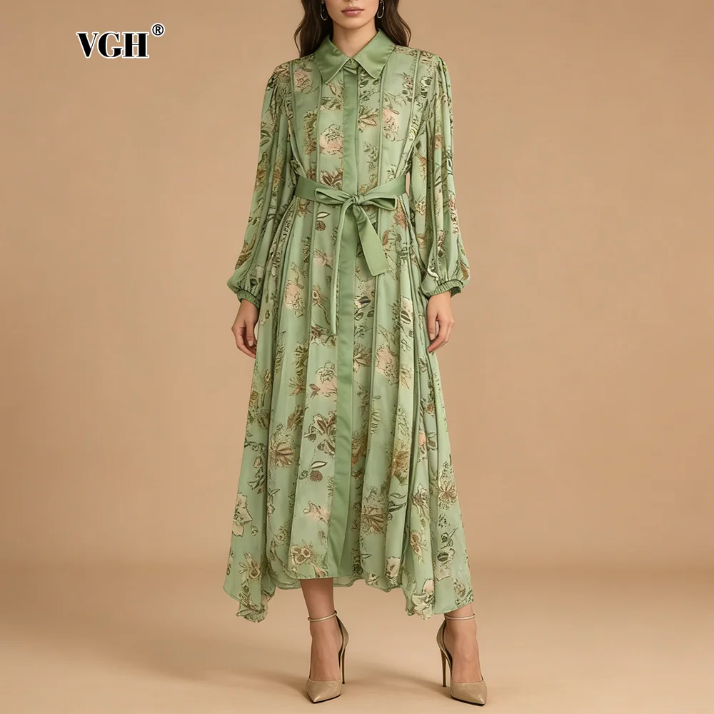 VGH Elegant Green Floral Print Shirt Maxi Dress for Women Lapel Belted Waist Asymmetrical Hem Design Skirt for Office Commute