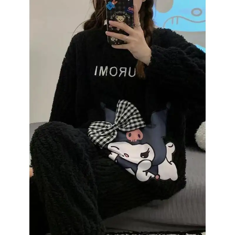 

Sanrios Cute Pajamas Kuromi Girls Long Sleeve Trousers Sweet Thickened Suit Home Clothing Fashion Creative Gift for Girlfriend