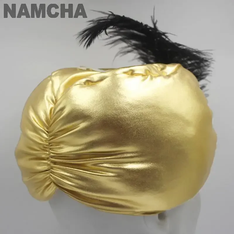 SN55Indian Arab Bright Gold Hat Turban Headwrap Ethnic Feather Pleated Adult Men Sultan Clothes Headdress Hats Halloween Pa@54WE