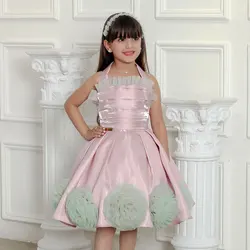 Jill Wish Luxury Pink Arabic Girl Dress Handmade Flowers Kids Princess Birthday Wedding Party Children Holiday Gown 2024 J195