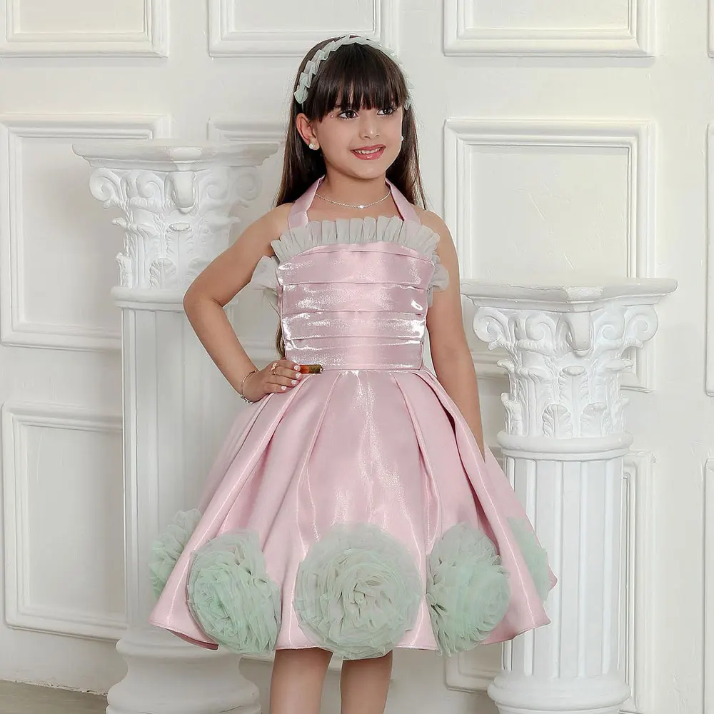 Jill Wish Luxury Pink Arabic Girl Dress Handmade Flowers Kids Princess Birthday Wedding Party Children Holiday Gown 2024 J195