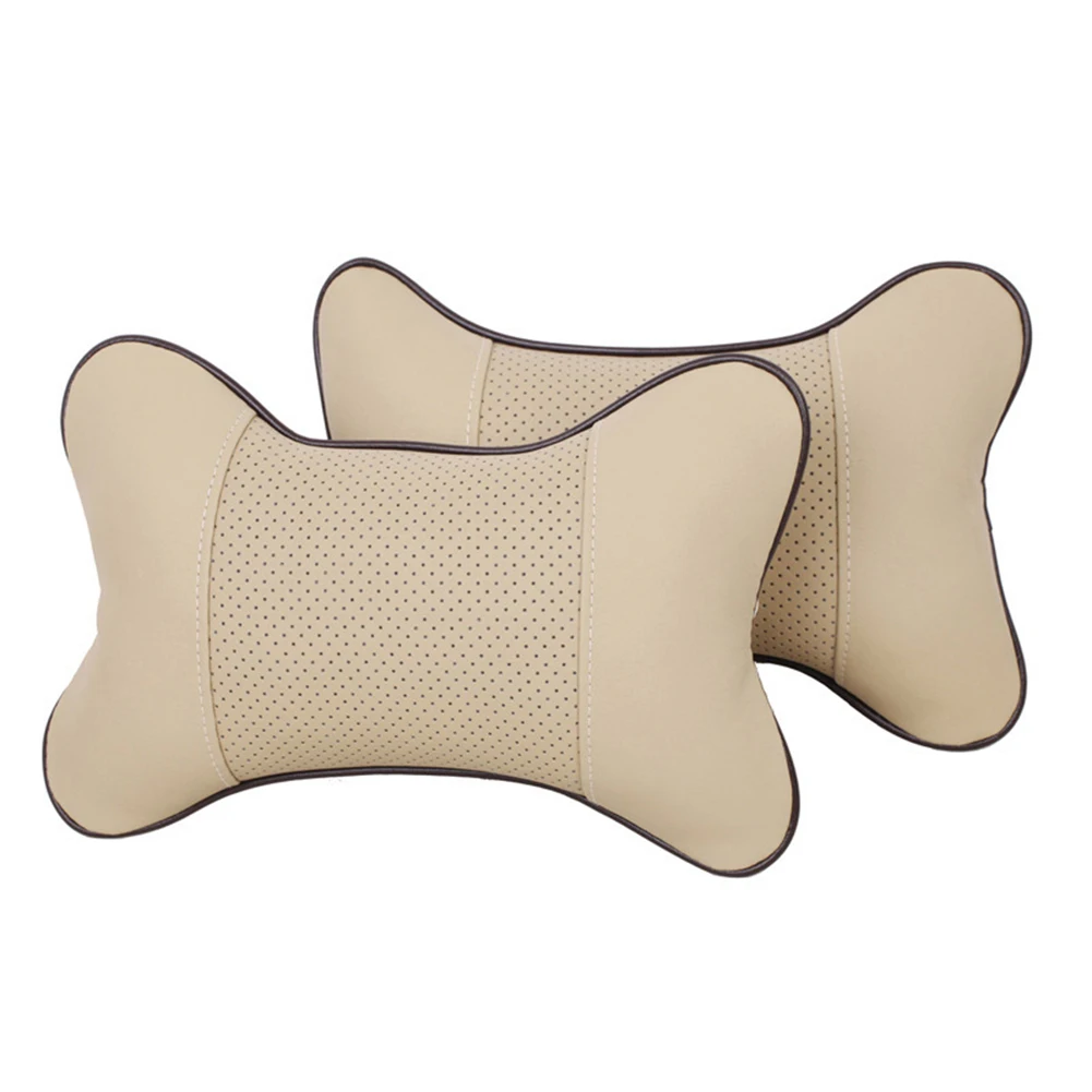 Automotive Neck Rest Pad Made of Perforated Danny Leather and Space Cotton with Bone Silhouette and Secure Strap Fit