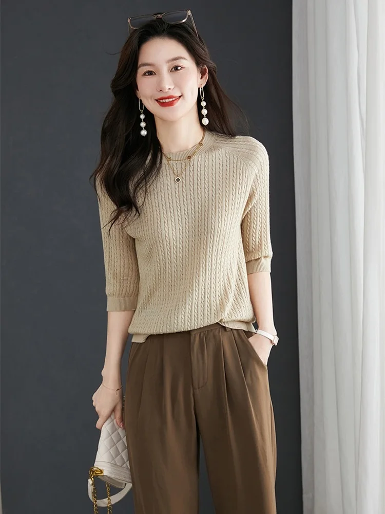 TuangBiang Summer Elegant 2023 Ribbed Thin Hollow Out Pullover Half Sleeves Knit Sweater Korean Women Spring Fashion Khaki Tops