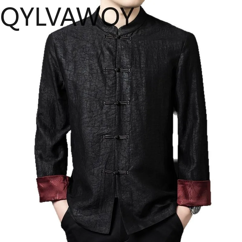 

QYLVAWOY 100%Real Mulberry Silk Shirt for Man Spring Autumn Top Long Sleeve High Quality Shirts Stand Collar Loose Chinese Style