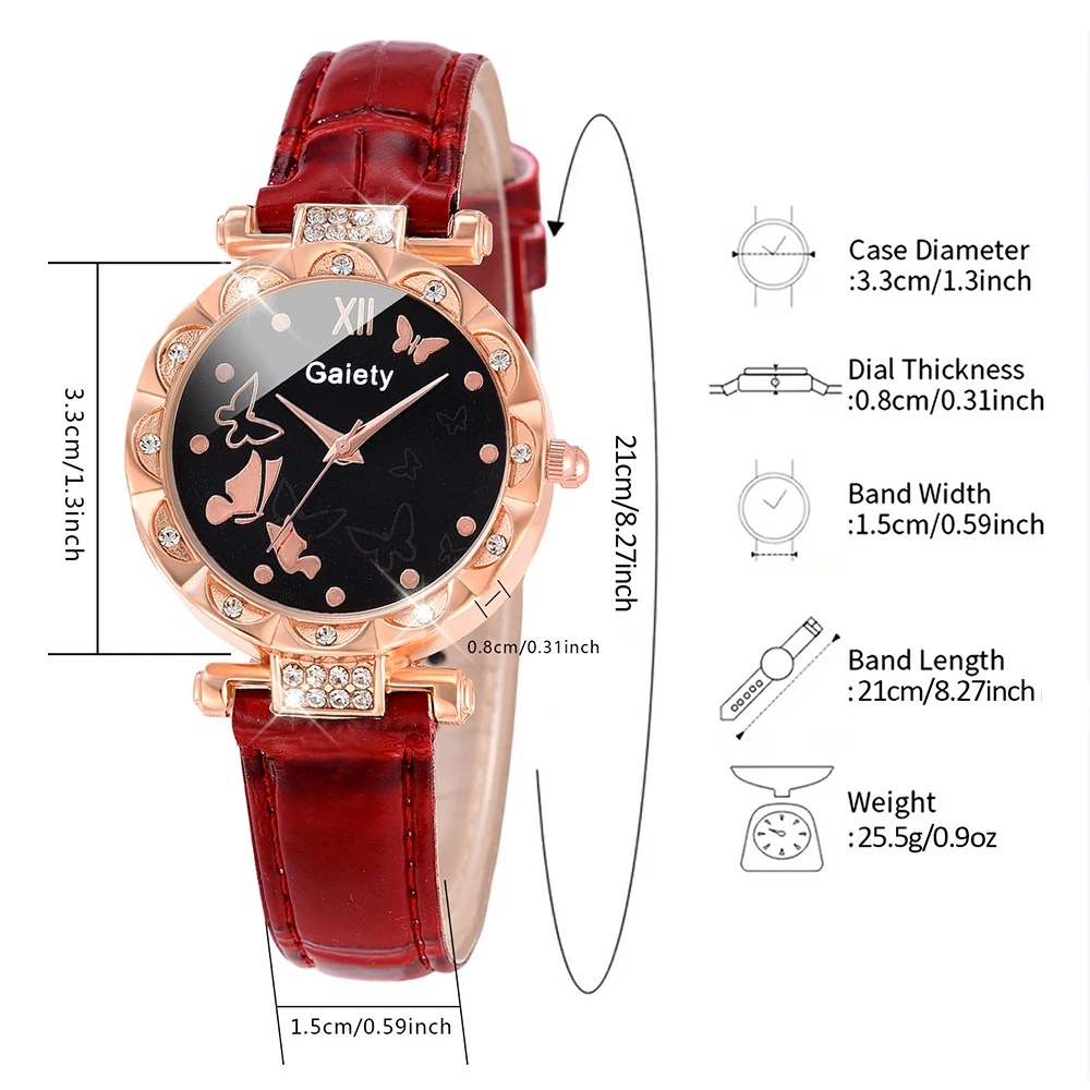 Red Women 5PCS/Set Quartz Watch Half Face Butterfly Dial Wristwatch Leather Strap Watch With Jewelry Set Gift For Her